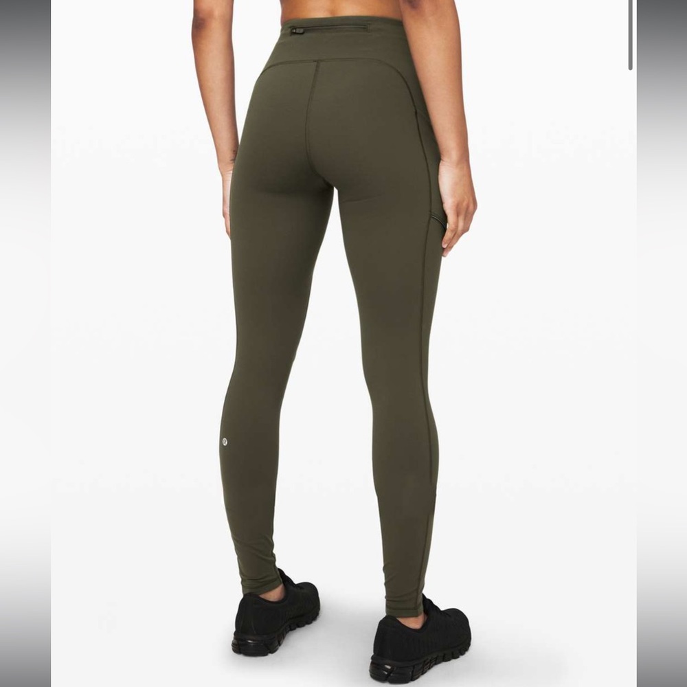 Women's High-Rise Olive Green Leggings with Side Pocket
